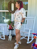 Cream bird-print tee and drawstring shorts set with gathered waist, short sleeves