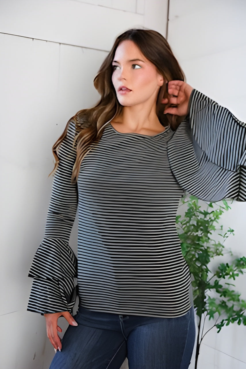 Olive Stripe Ruffle Sleve Blouse