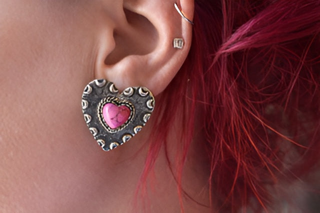 Pink Heart Concho Stud Earrings