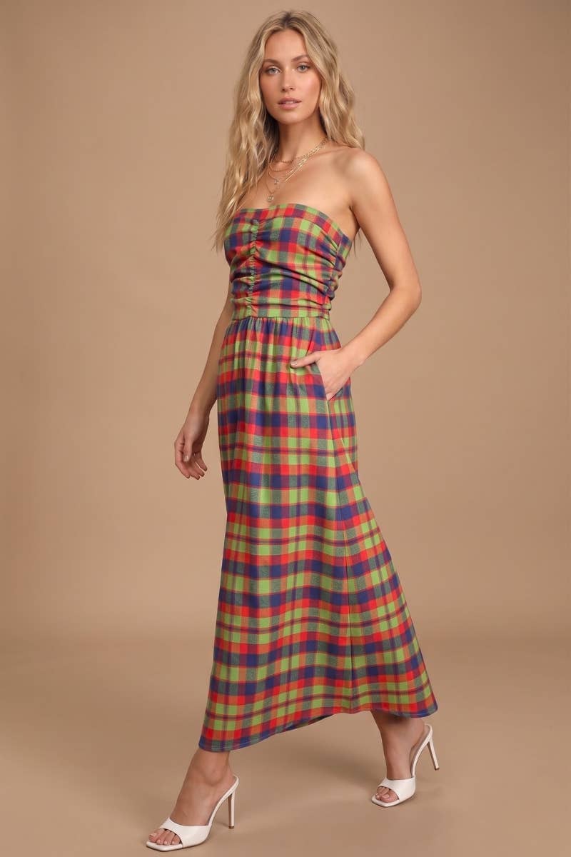 Plaid strapless maxi dress in multicolor check with fitted bodice and gathered waist