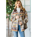 Taupe patterned thick knit shacket with button front and fringe-detail collar