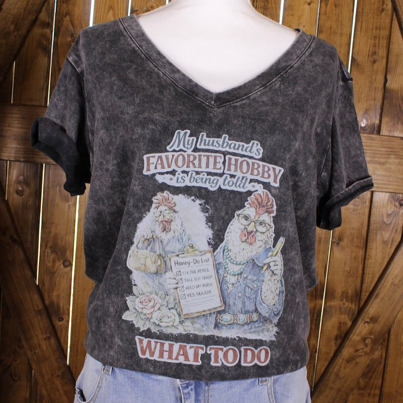 Dark Wash V-Neck Graphic Tee – Husband’s Favorite Hobby