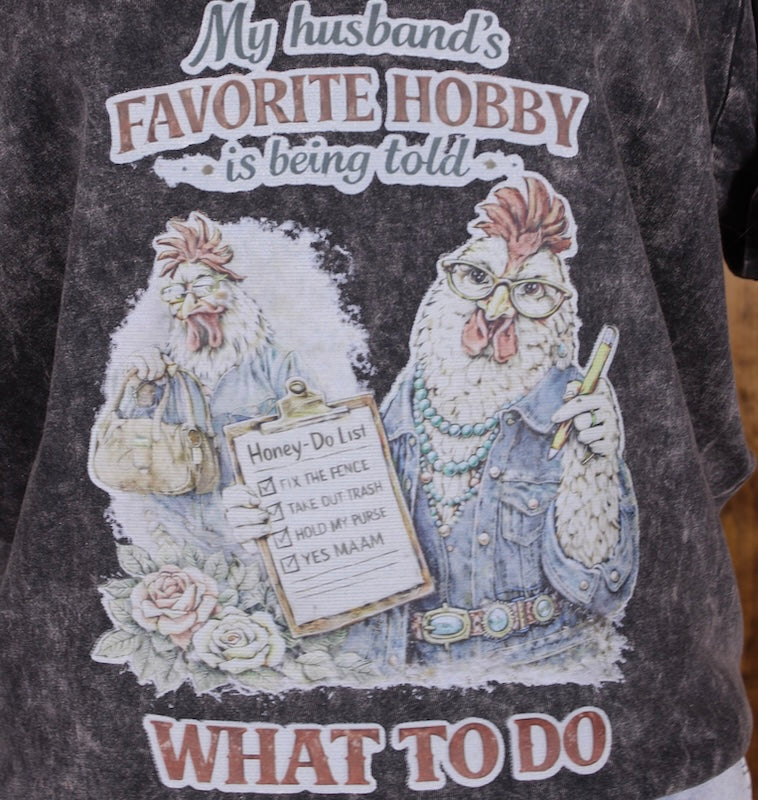 Dark Wash V-Neck Graphic Tee – Husband’s Favorite Hobby