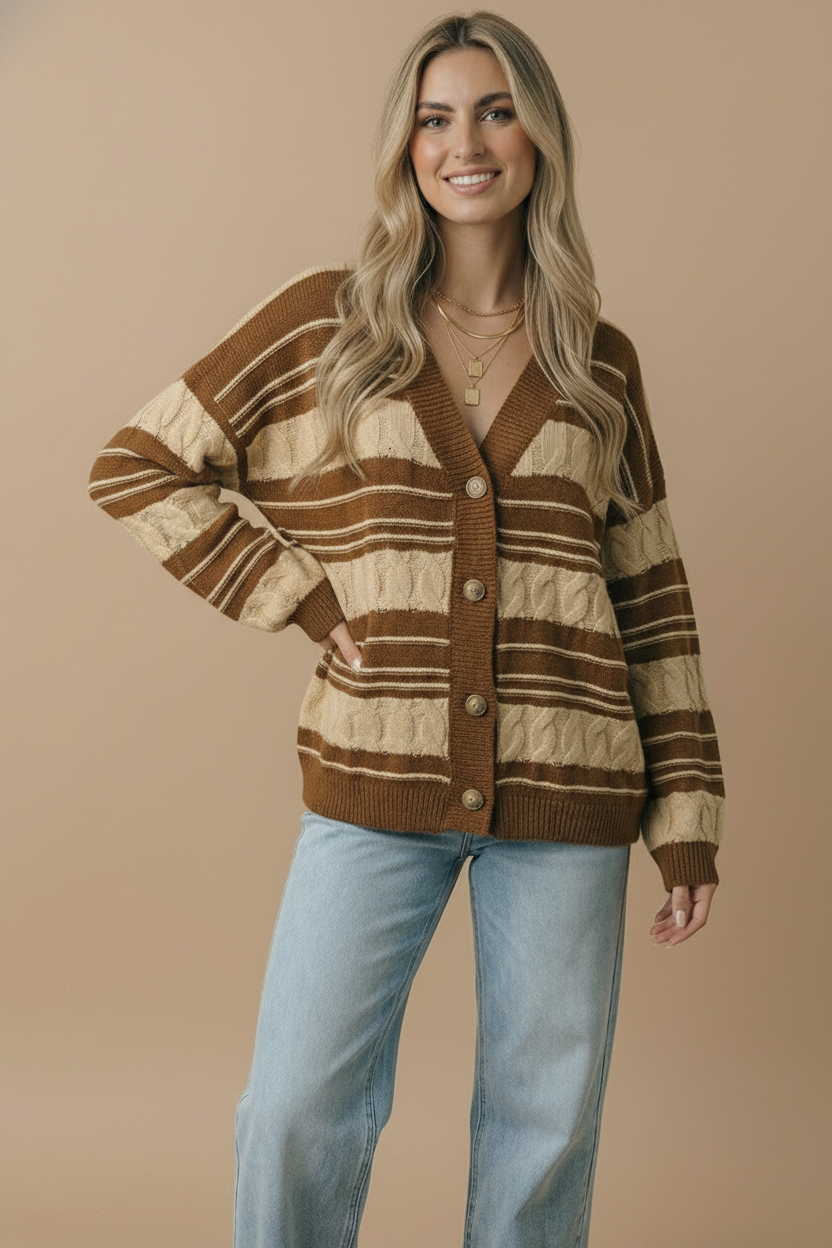 Caramel striped cable V-neck button-down cardigan with ribbed hem and sleeve cuffs