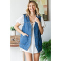 Medium-wash denim vest with button front and two chest patch pockets