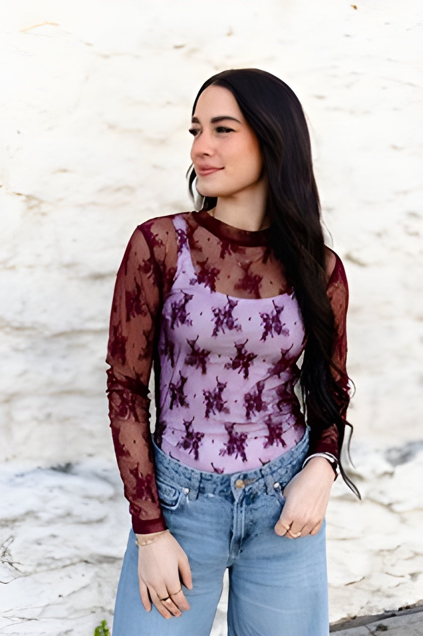 burgundy lace mesh top