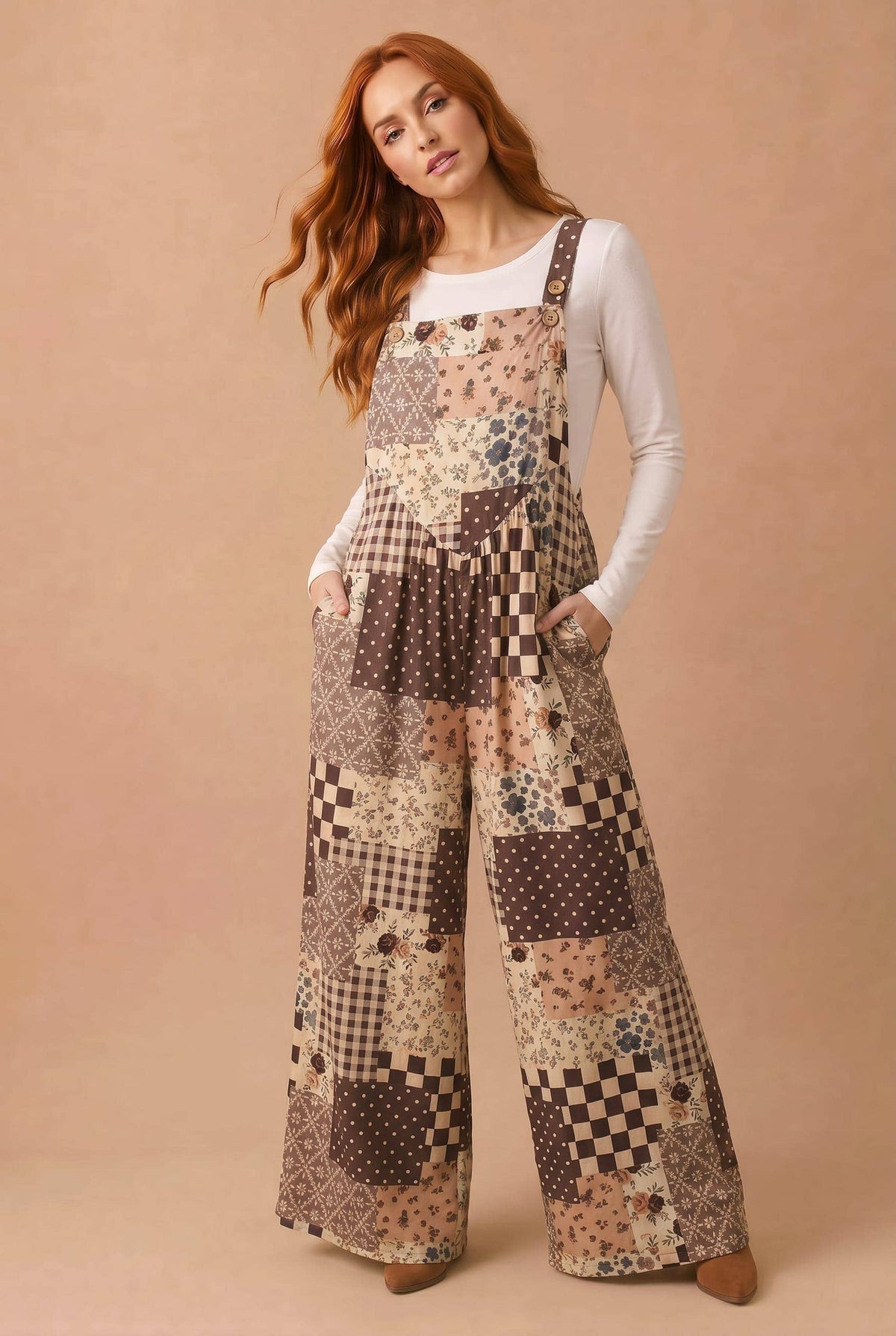 Brown floral patchwork wide-leg overalls with adjustable straps and button front