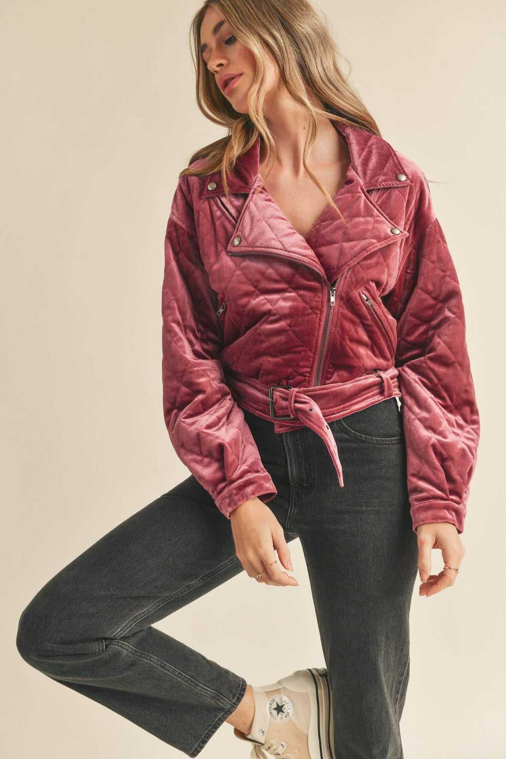 Quilted velvet moto jacket in dark antique mauve with zip front and snap cuffs
