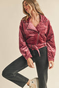 Quilted velvet moto jacket in dark antique mauve with zip front and snap cuffs