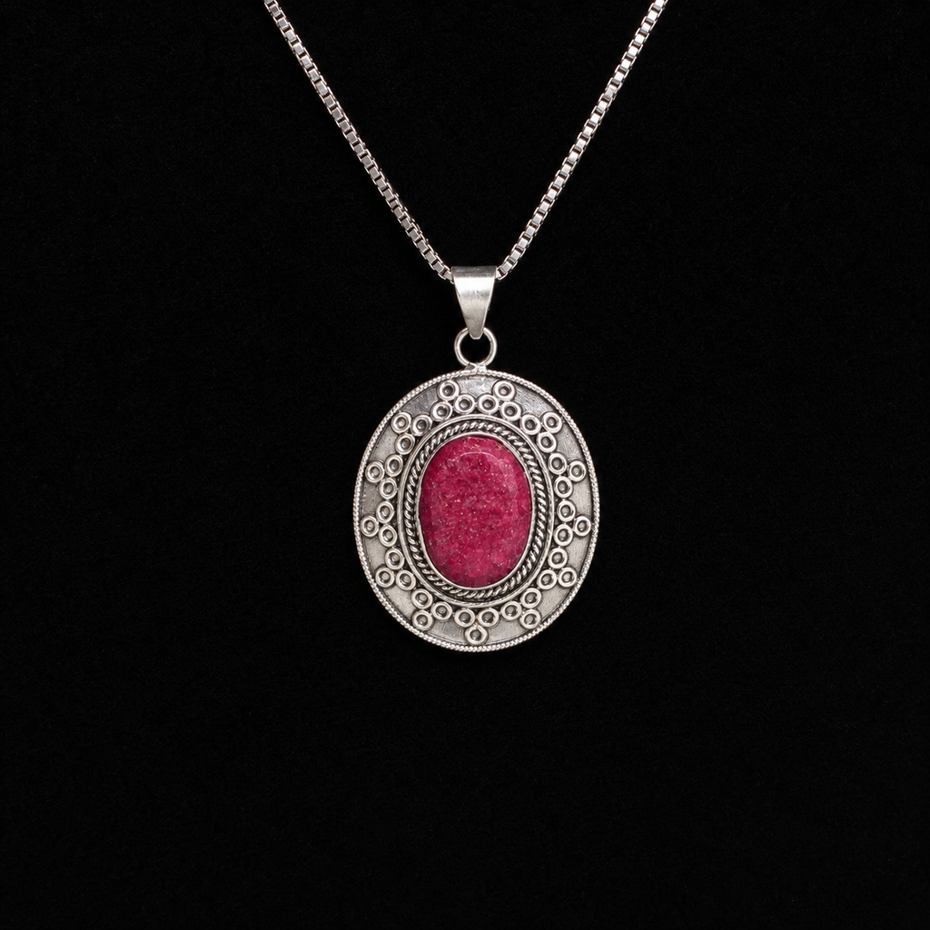 Vintage 925 Sterling Silver Ruby Cabochon Pendant Necklace with Italian Box Chain