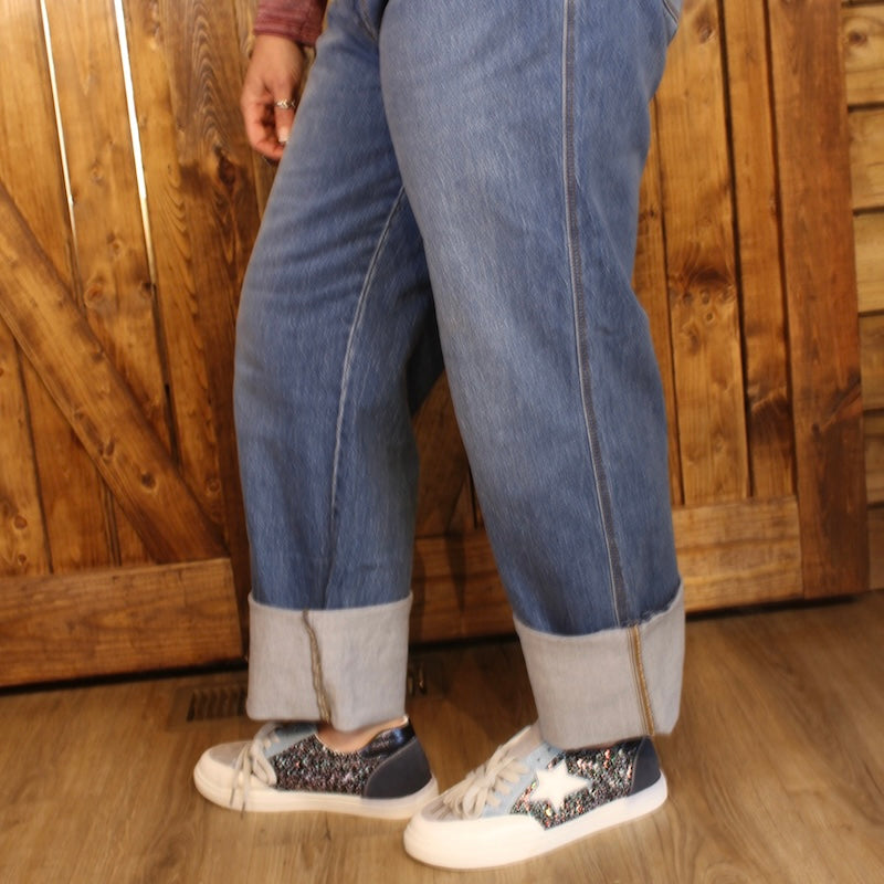 High Rise Cuffed Wide Leg Denim Jeans