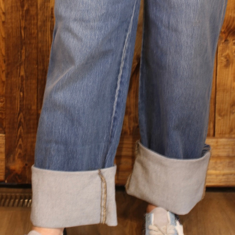 High Rise Cuffed Wide Leg Denim Jeans