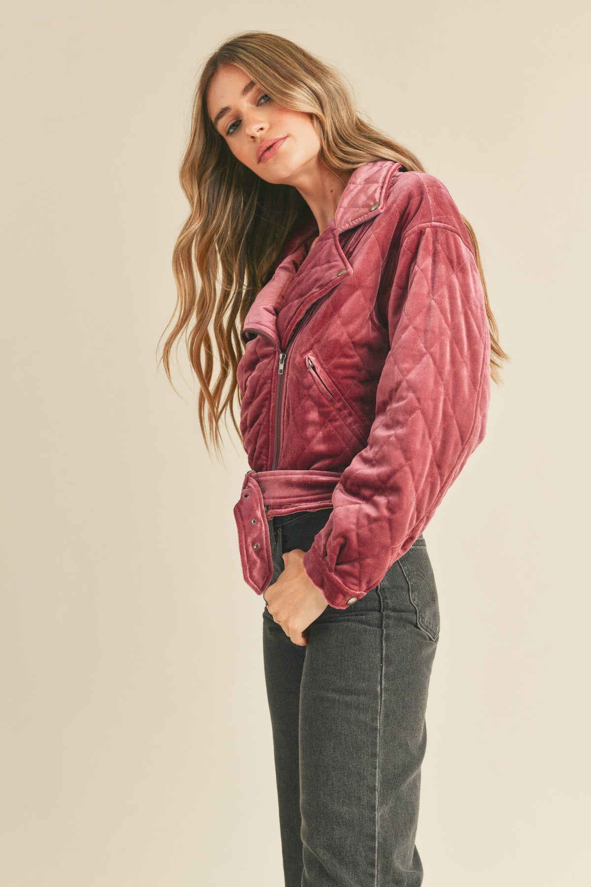 Dark antique mauve quilted velvet moto jacket with stand collar and snap cuff details