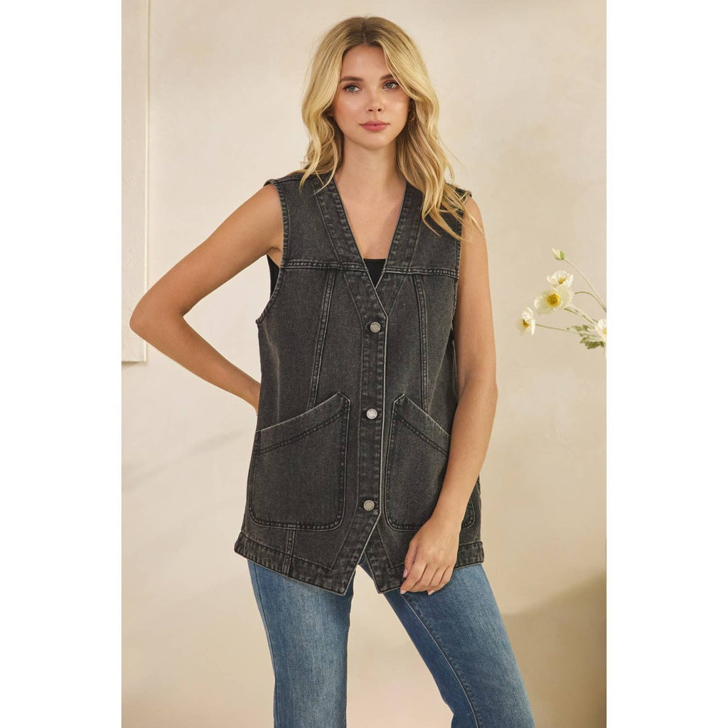 Dark denim sleeveless vest with V-neck, front button placket, and patch side pockets