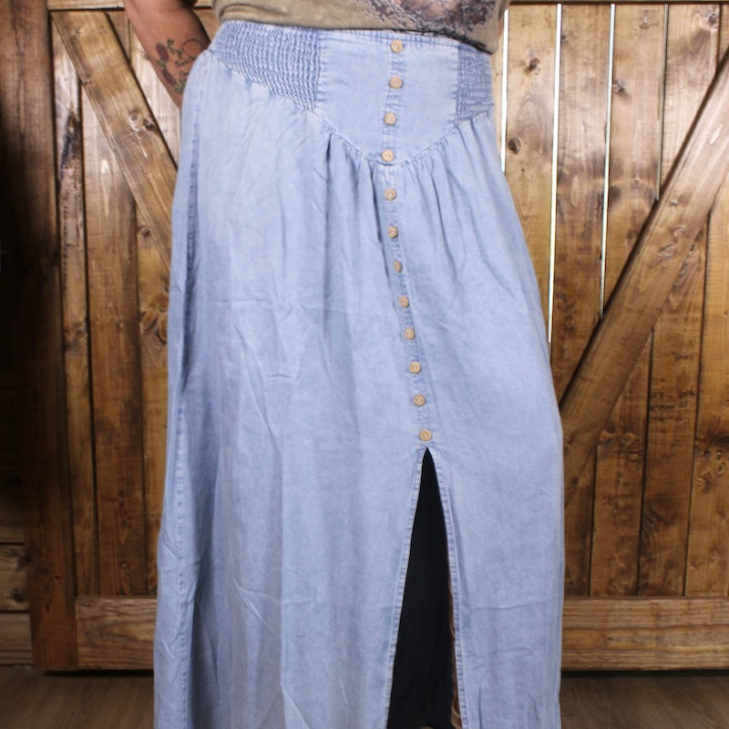 Denim Maxi Skirt with Front Slit | Button Front Boho Skirt