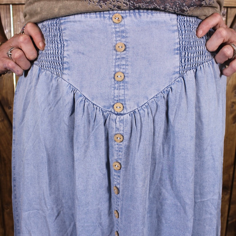 Denim Maxi Skirt with Front Slit | Button Front Boho Skirt