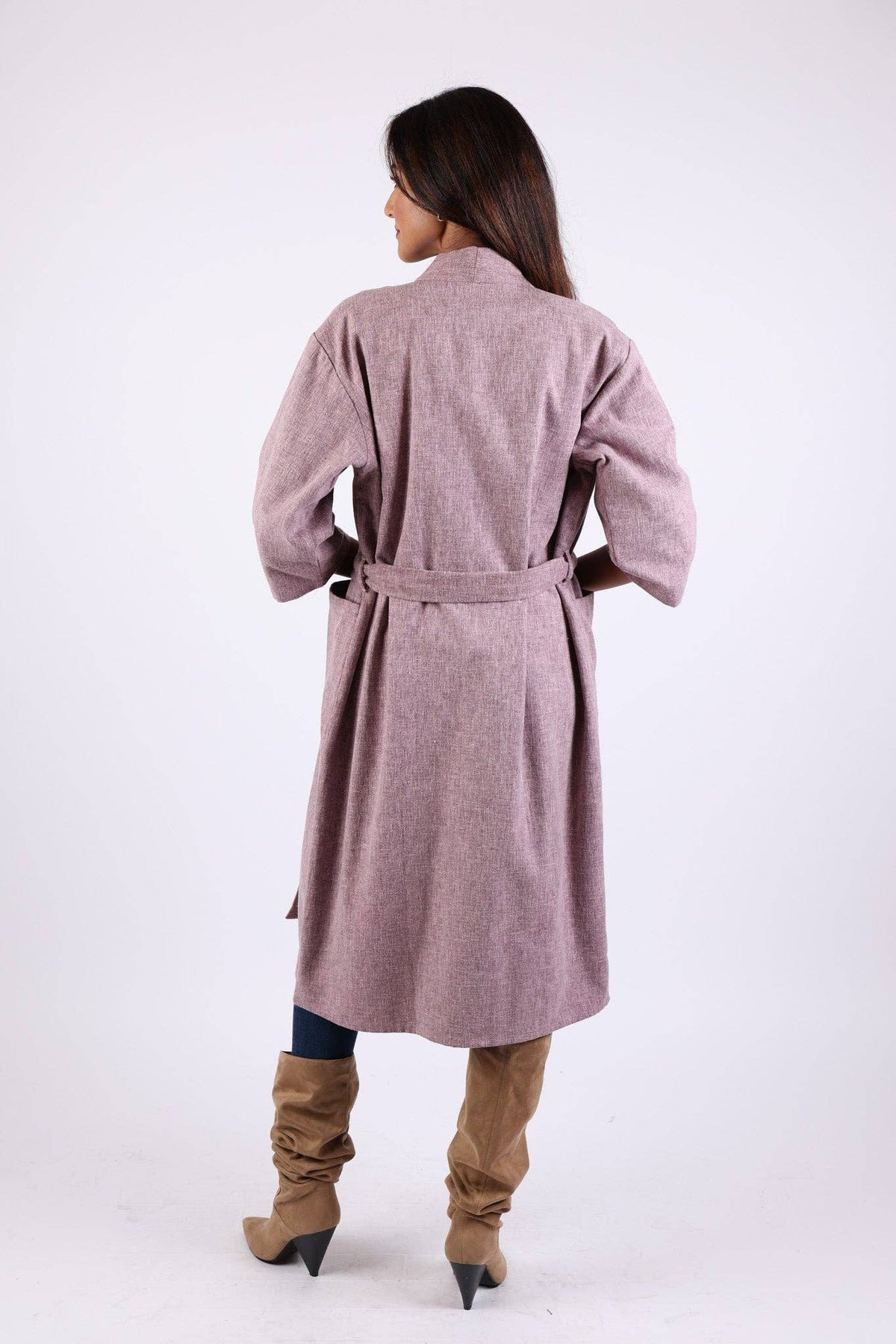 Lavender long cardigan robe back view with tied waist belt and long sleeves
