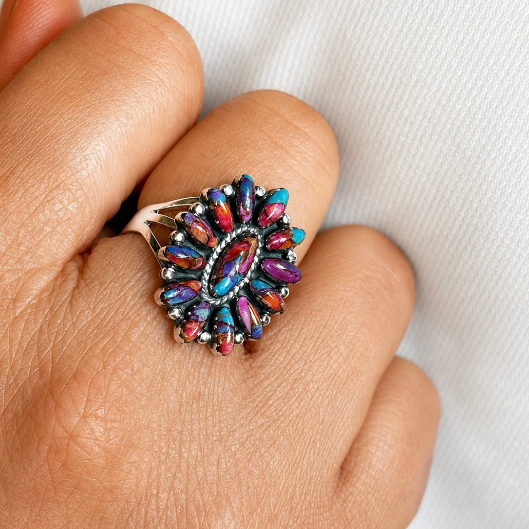 Sterling silver spiny oyster pendant with multicolor gemstone inlay cluster