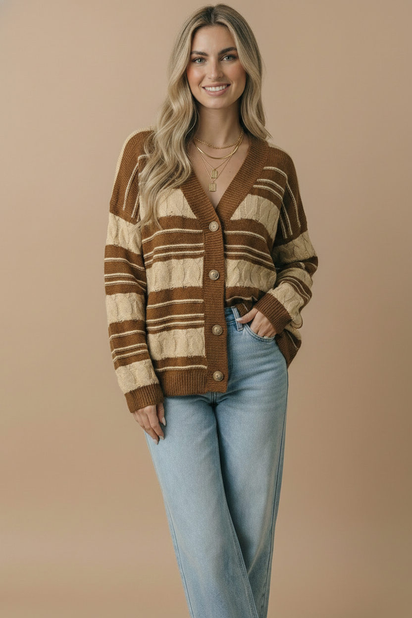 Caramel V-neck striped cable button-down cardigan, long sleeves, ribbed cuffs and hem