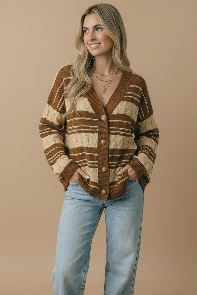 Caramel striped V-neck cable-knit cardigan with four-button placket and cuffs