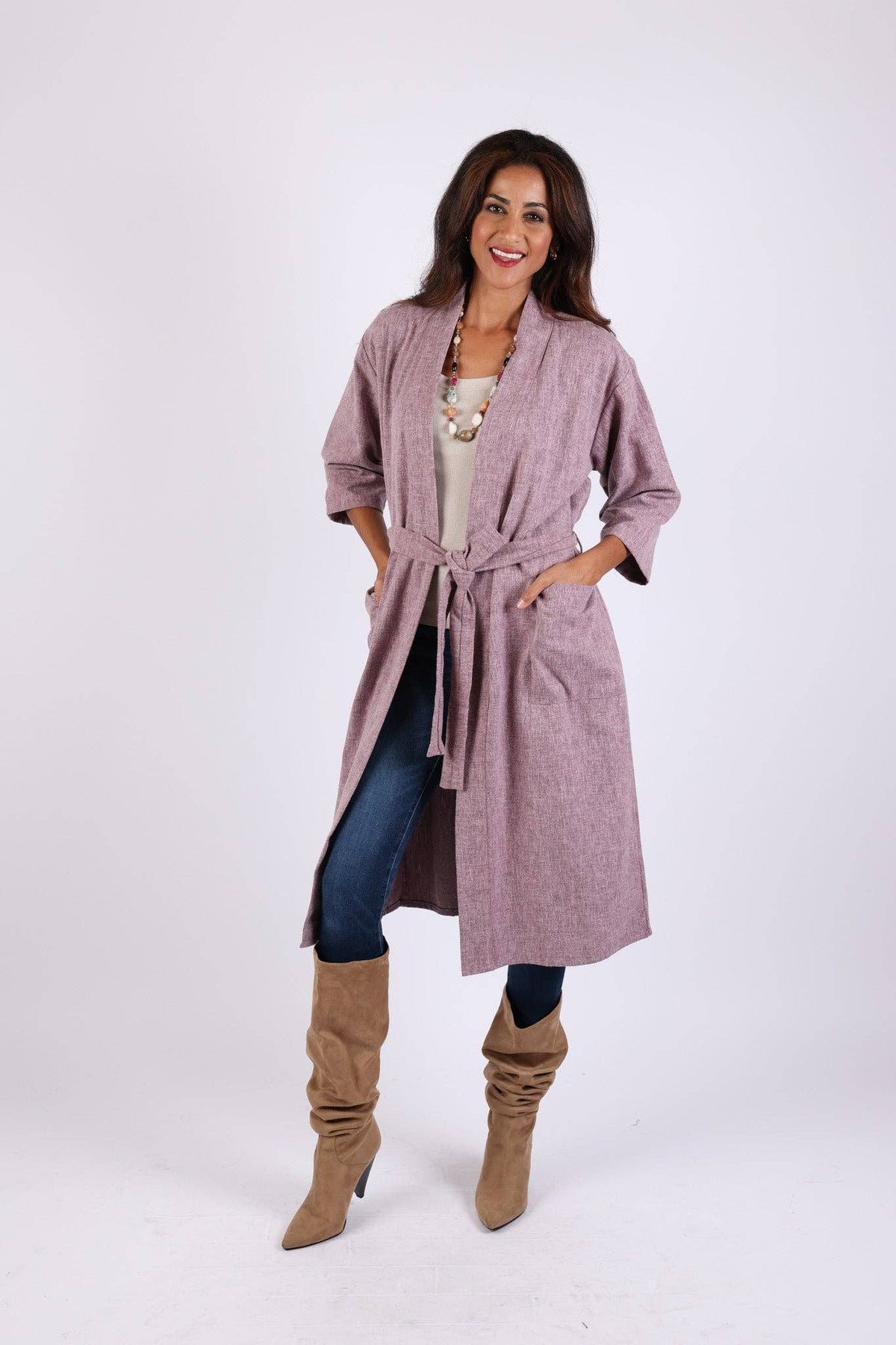 Lavender long cardigan robe with waist tie belt, open front and long sleeves