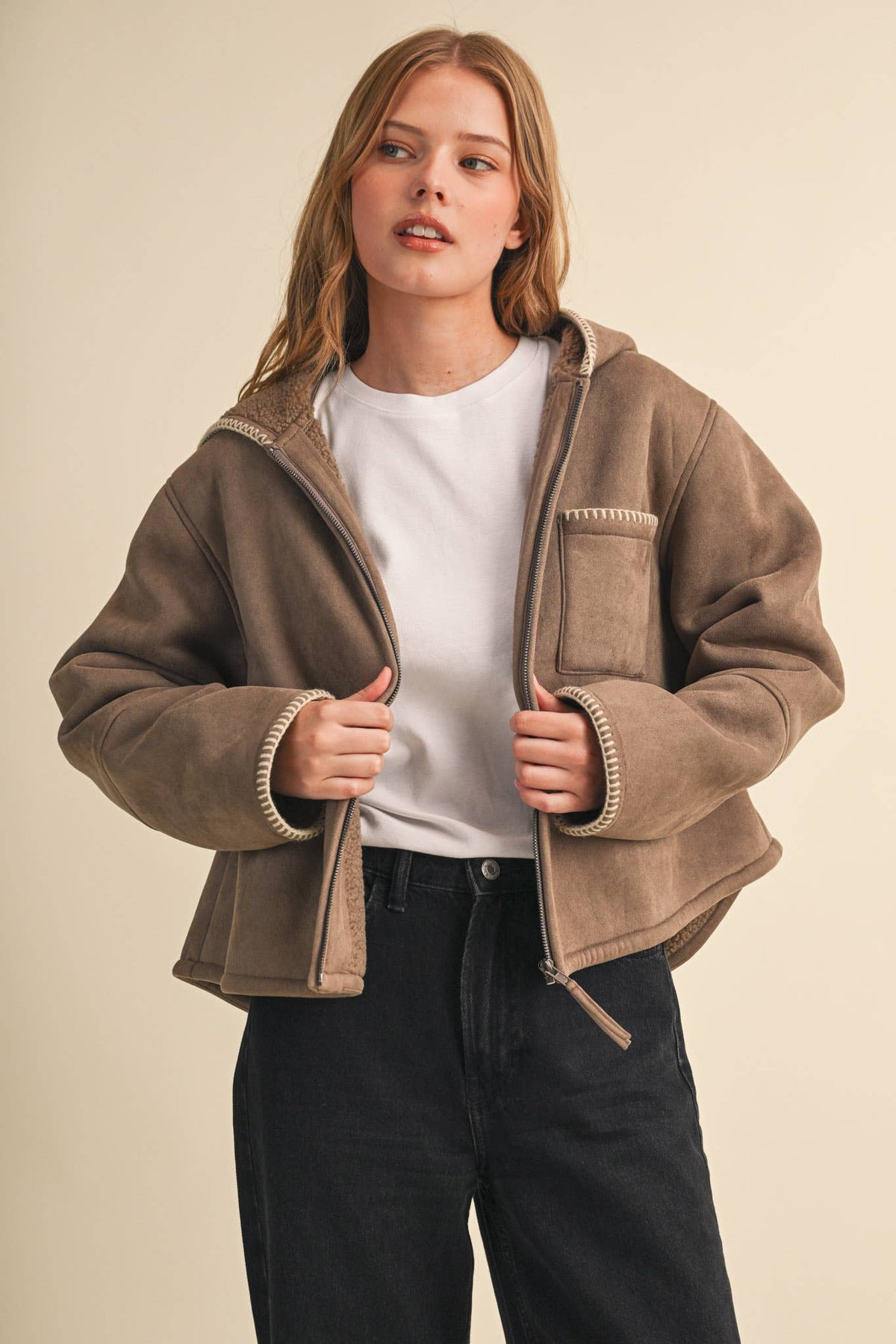 Taupe faux suede hooded jacket with zip front, sherpa lining, contrast blanket-stitch trim