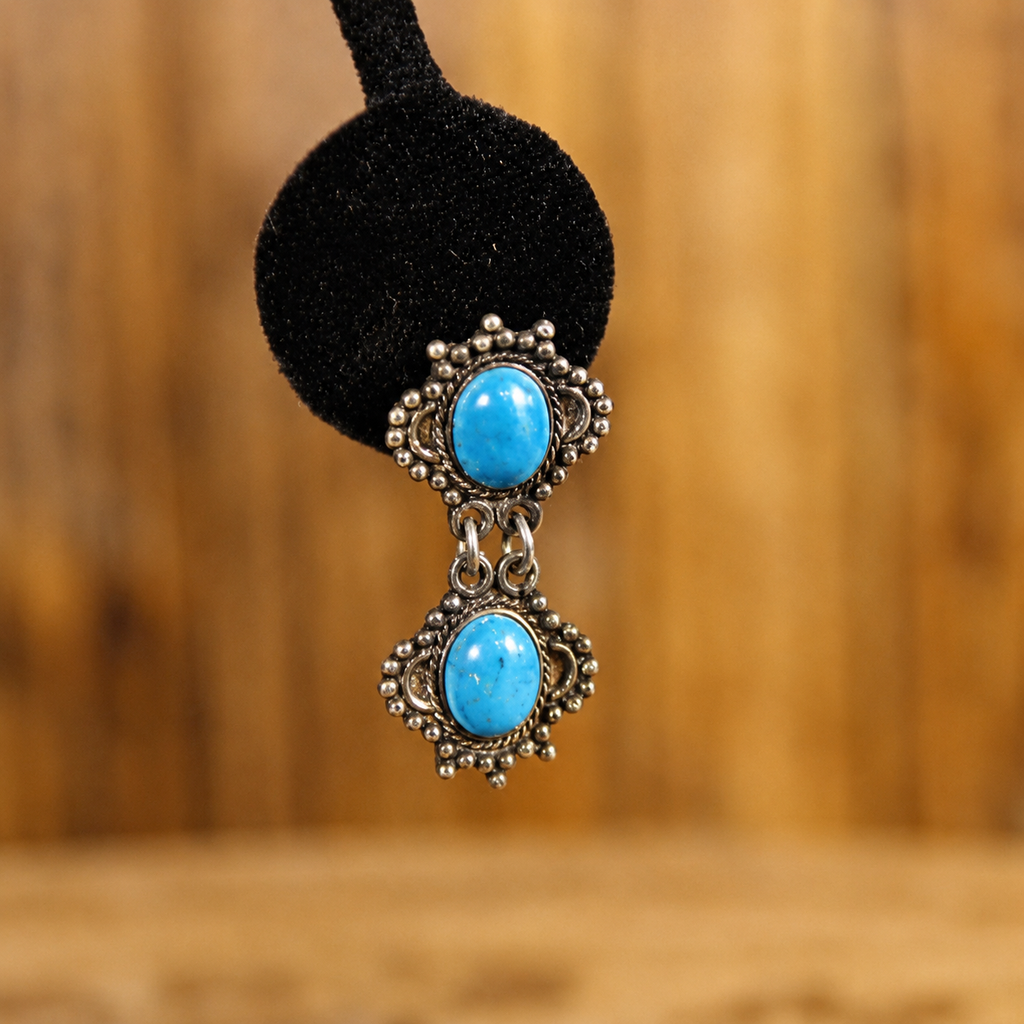 Vintage Sterling Silver Turquoise Double Drop Earrings | Handmade Southwestern Mexican Jewelry | 1970s–1990s