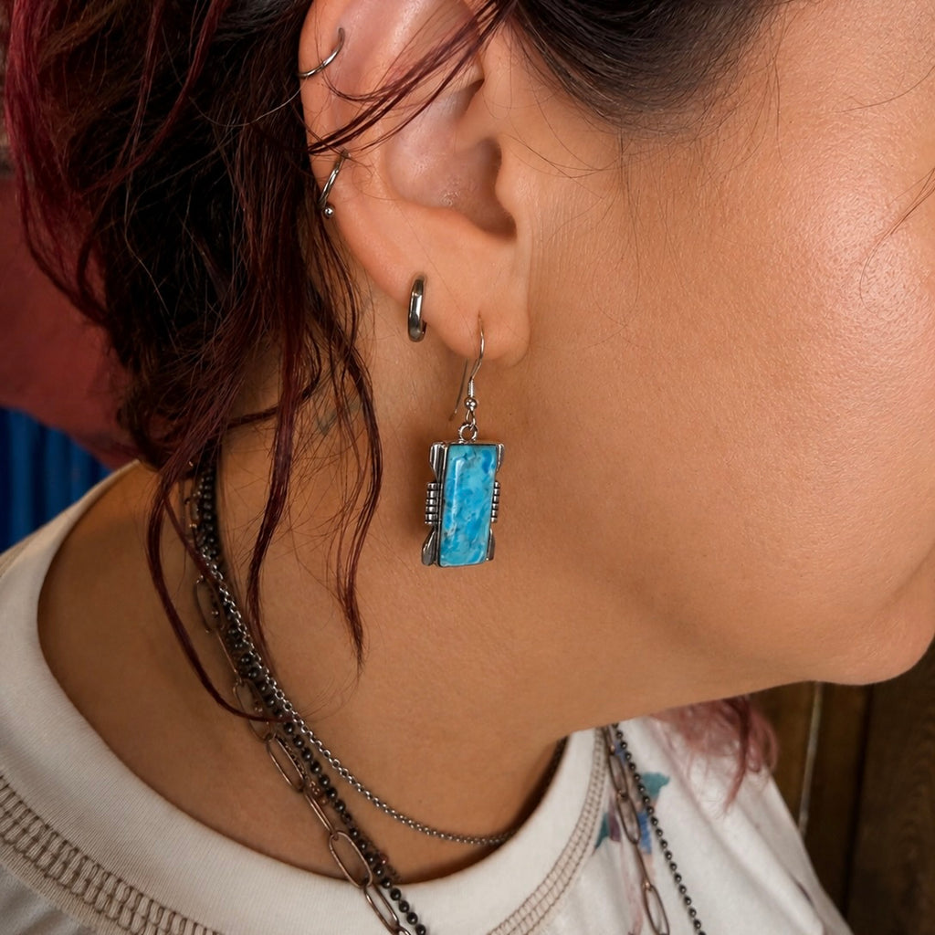 Turquoise gemstone drop earrings in sterling silver with rectangular blue stone