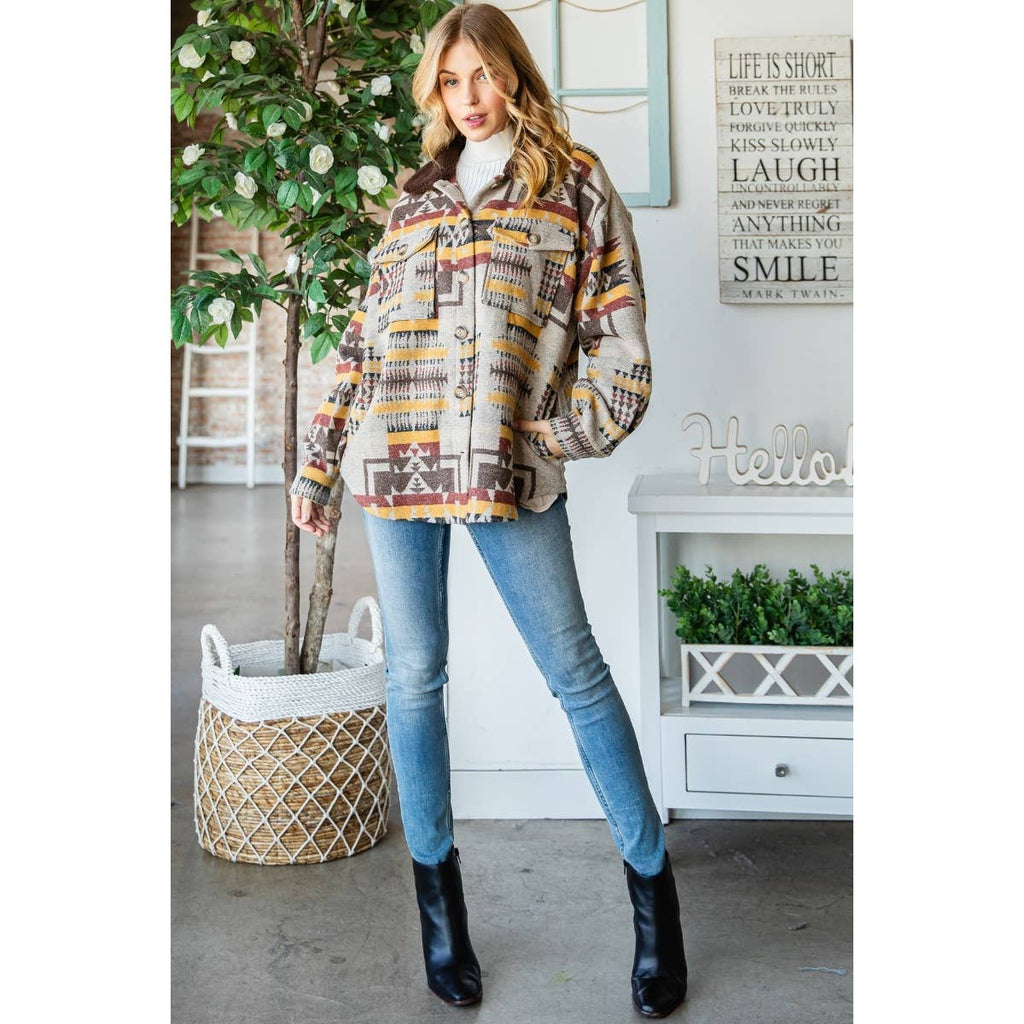 Taupe patterned thick knit shacket front view with button placket and long sleeves