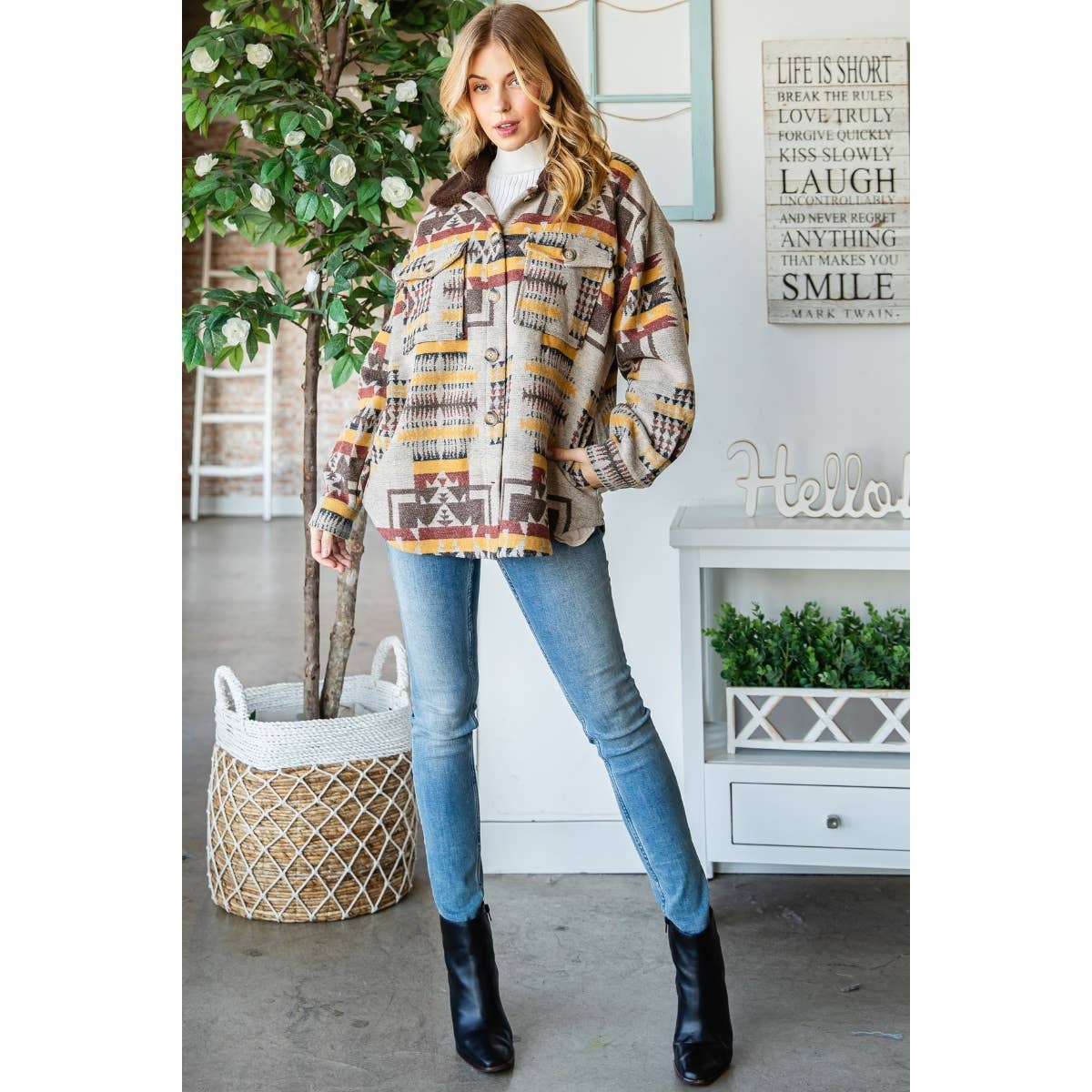 Taupe patterned thick knit shacket front view with button placket and long sleeves