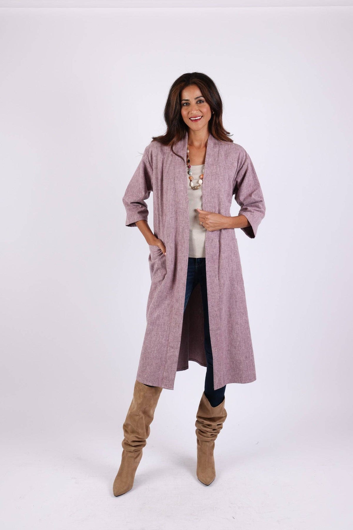Lavender long cardigan robe with tied waist belt, open front and draped hem