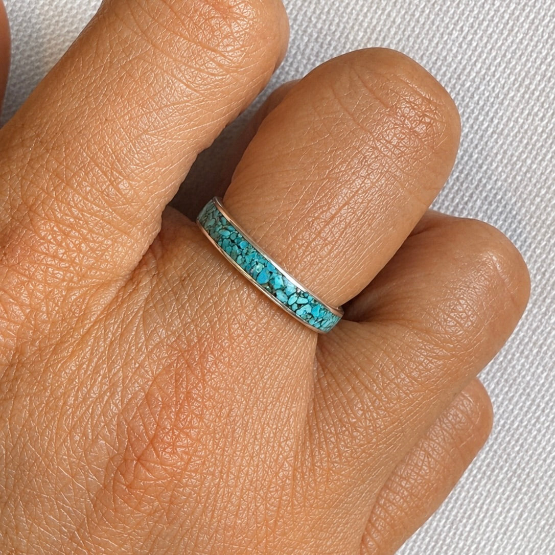 Turquoise eternity band ring in sterling silver with channel-set stone inlay