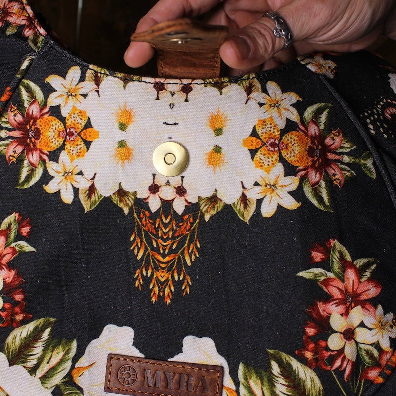 Western Floral Bag | Canvas Shoulder Purse with Leather Strap