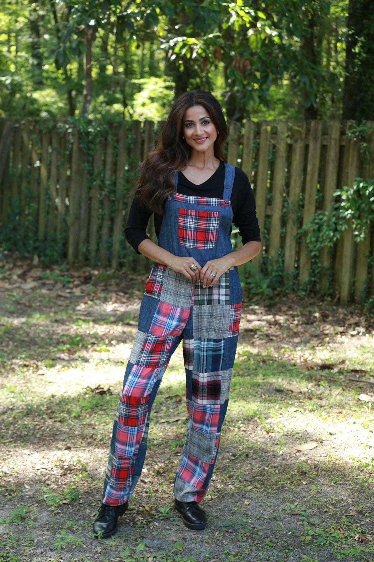 Plaid patchwork denim overall with bib and adjustable shoulder straps