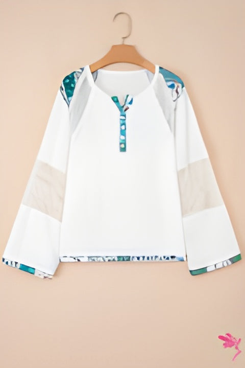 Long sleeve Mesh-patched cotton blouse