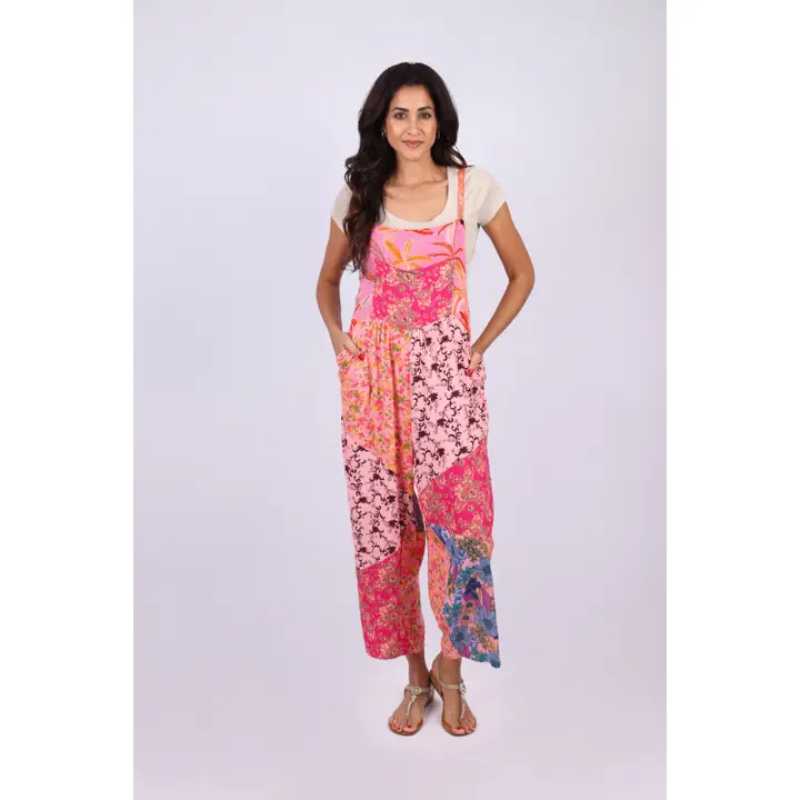 Floral patchwork pink overalls with adjustable straps and wide legs