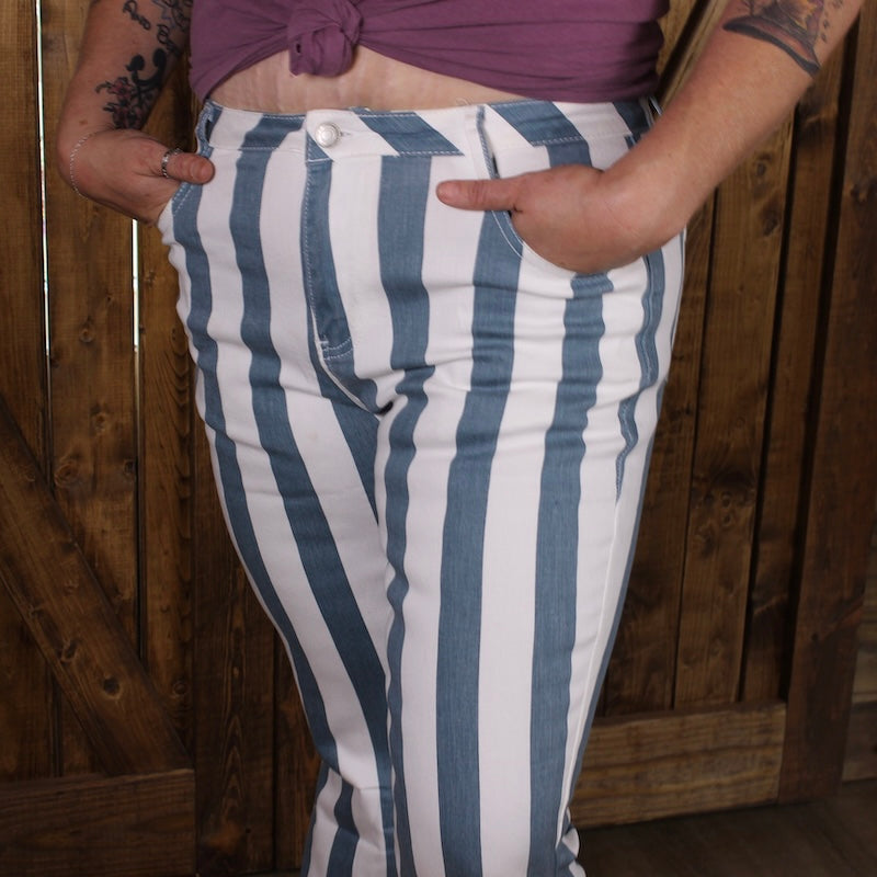 Striped Flare Jeans | High Waist Bell Bottom Denim Pants