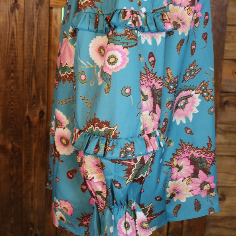 Blue Floral Flutter Sleeve Top