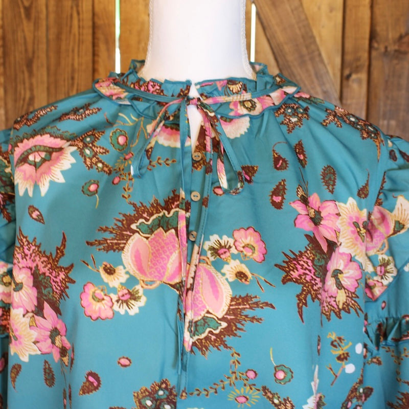 Blue Floral Flutter Sleeve Top