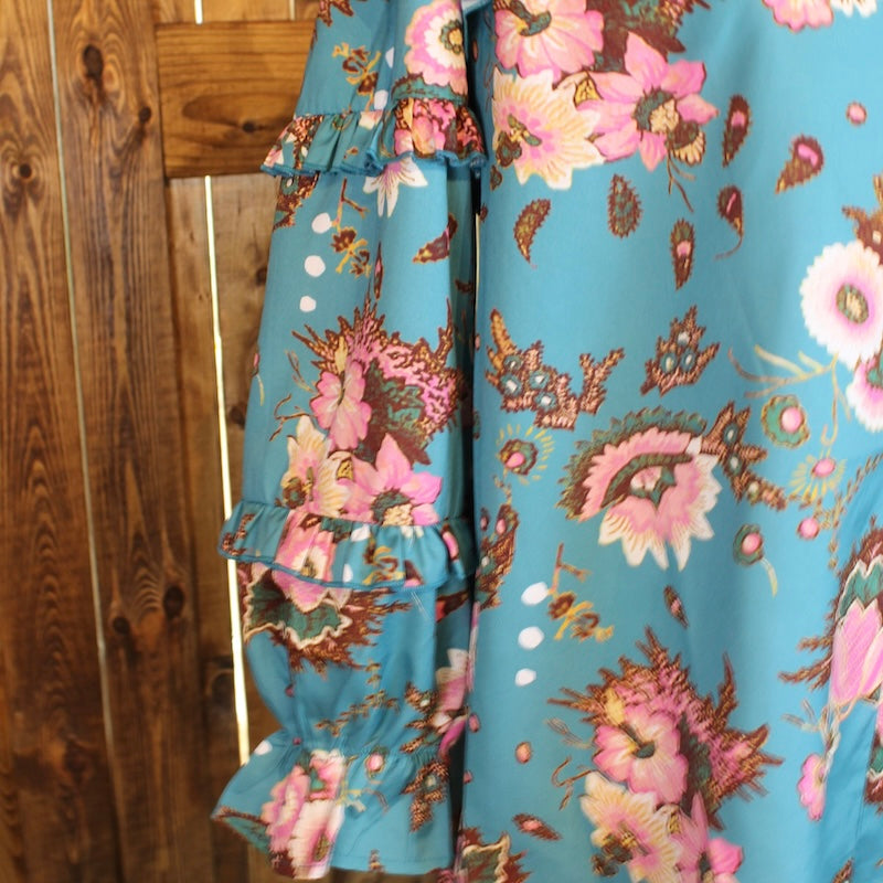 Blue Floral Flutter Sleeve Top