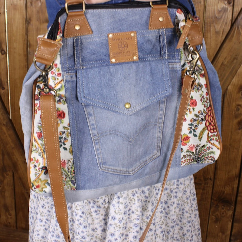 Upcycled Denim Purse with Floral Canvas | Western Boho Tote Bag