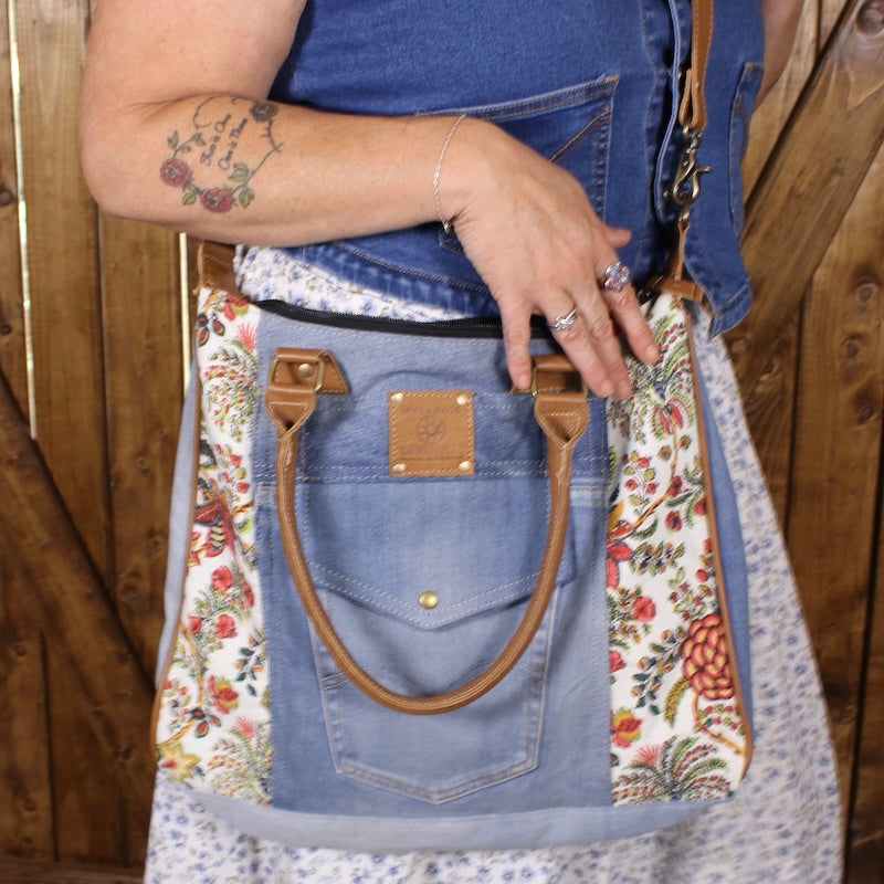 Upcycled Denim Purse with Floral Canvas | Western Boho Tote Bag