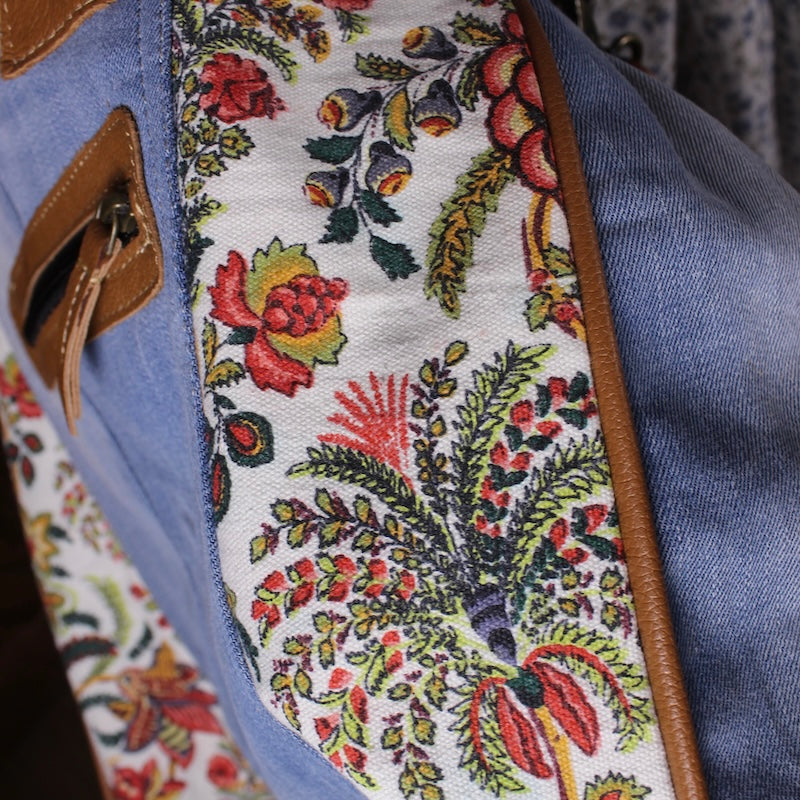 Upcycled Denim Purse with Floral Canvas | Western Boho Tote Bag